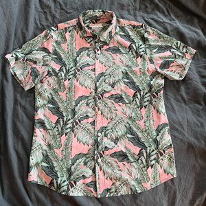 Cotton & Co. Casual Hawaiian Button Down Pink and Green Palms